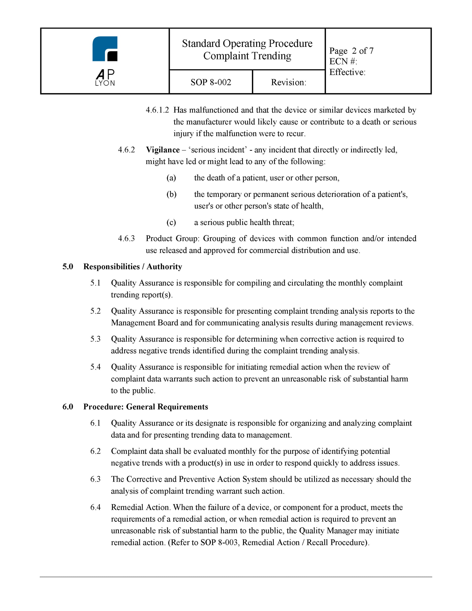 Medical Device Complaint Trending Procedure - A. P. LYON