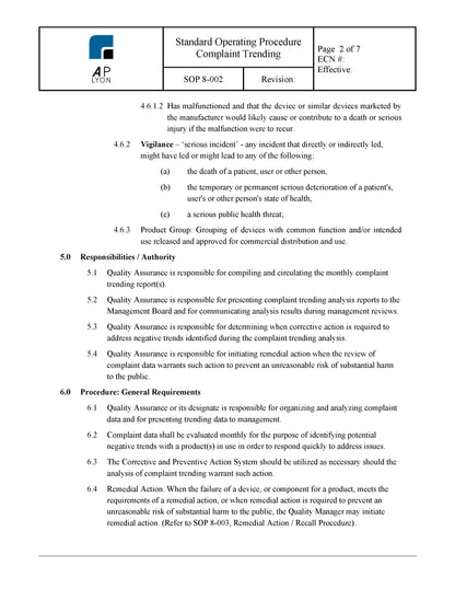 Medical Device Complaint Trending Procedure - A. P. LYON