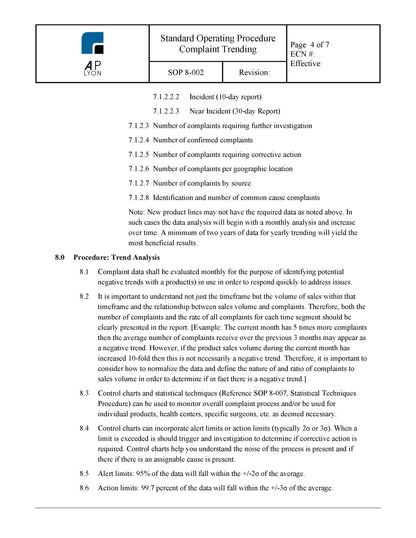 Medical Device Complaint Trending Procedure - A. P. LYON