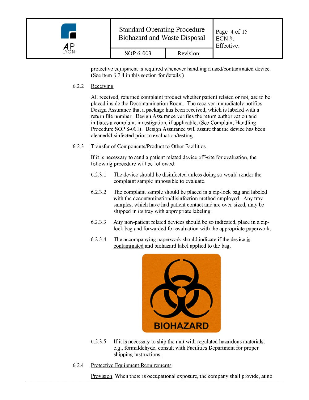 Biohazard and Waste Disposal Procedure - A. P. LYON