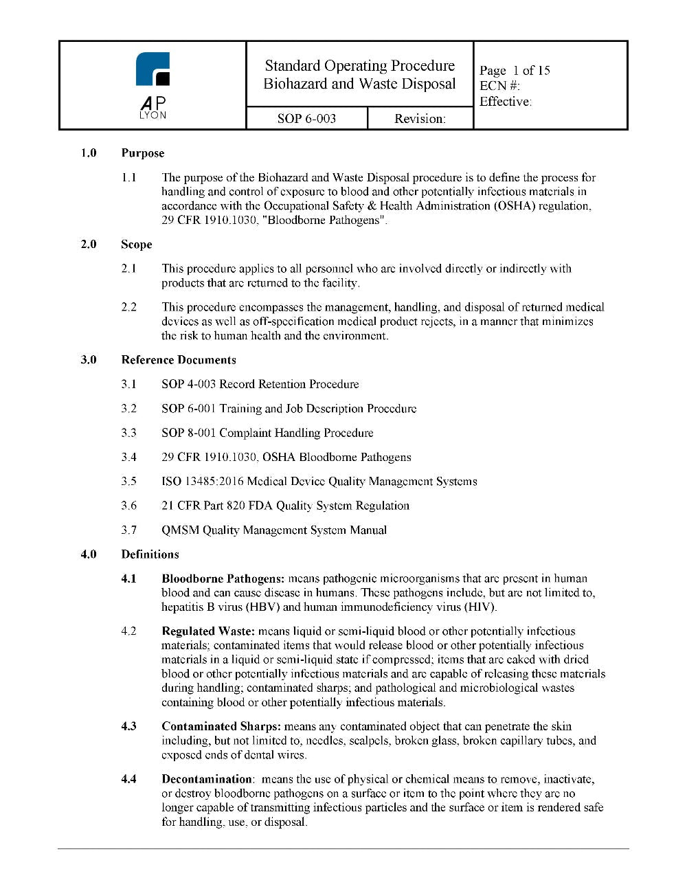 Biohazard and Waste Disposal Procedure - A. P. LYON