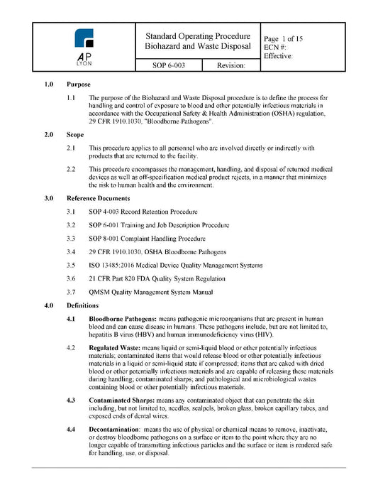 Biohazard and Waste Disposal Procedure - A. P. LYON