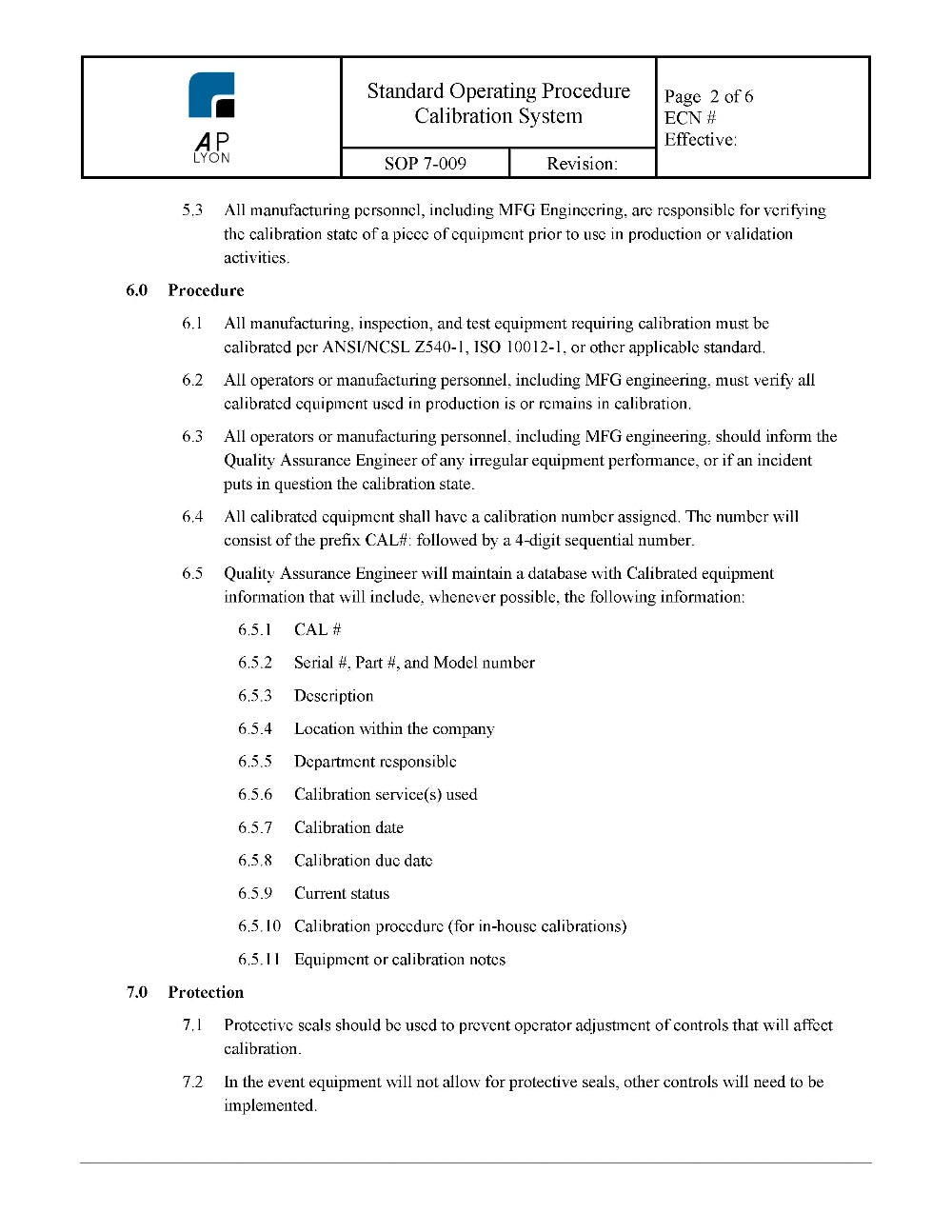 Calibration System Procedure - A. P. LYON