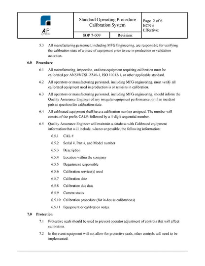 Calibration System Procedure - A. P. LYON