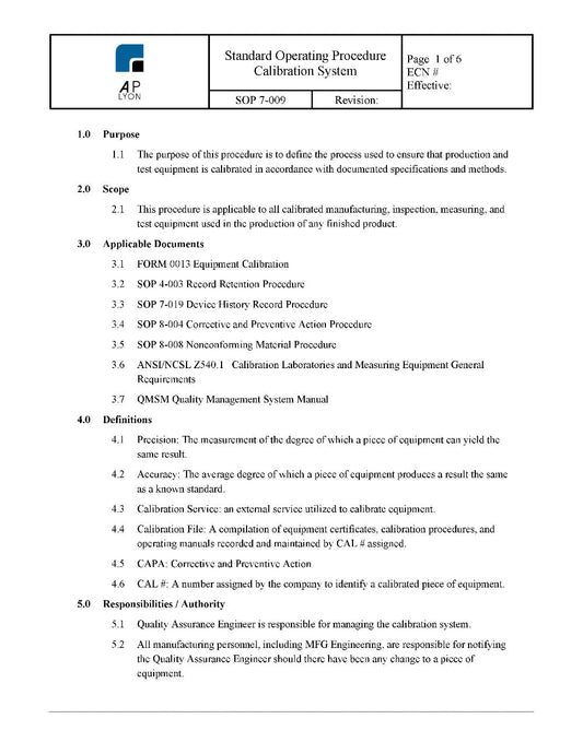 Calibration System Procedure - A. P. LYON