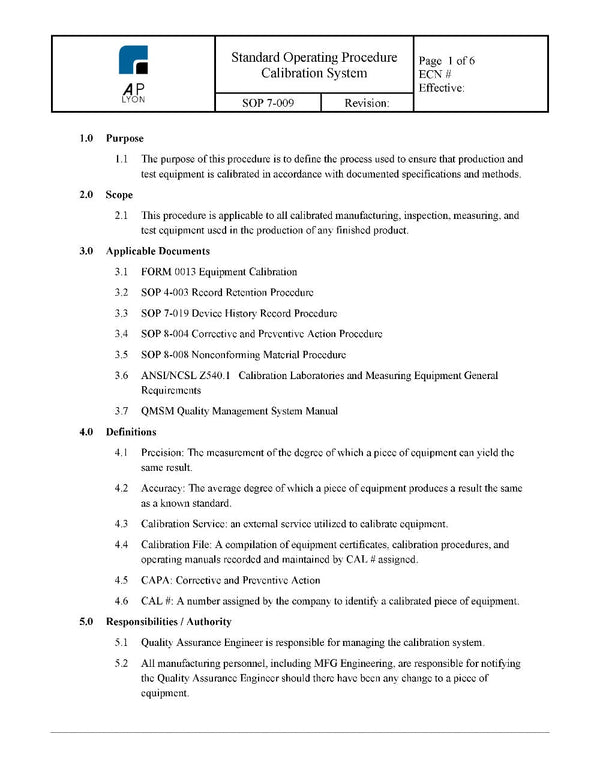 Medical Device Calibration System Procedure – A. P. LYON