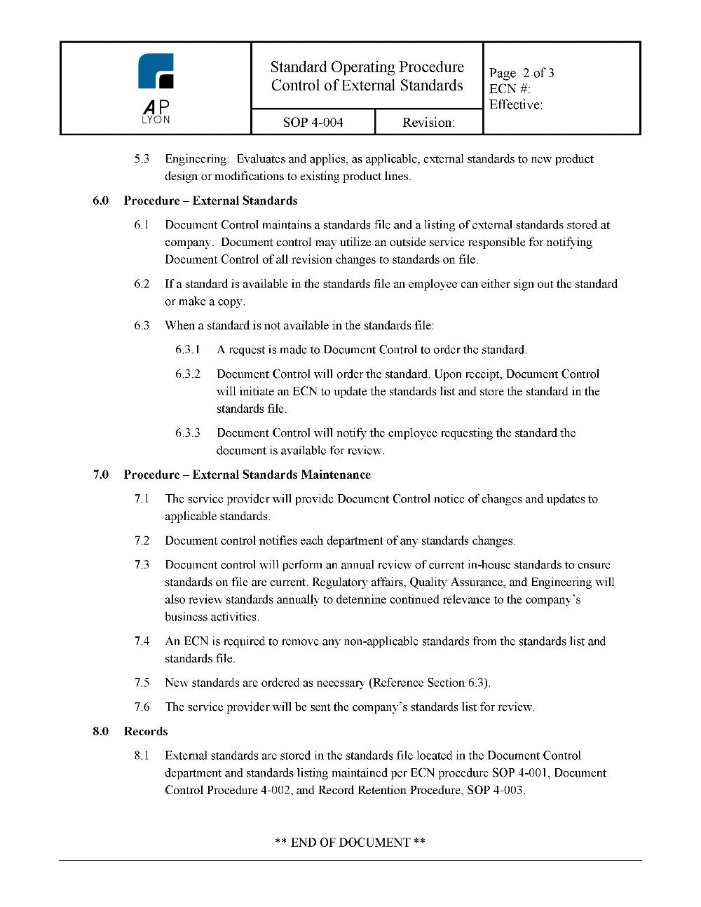 Control of External Standards Procedure - A. P. LYON