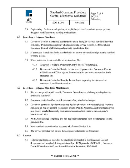 Control of External Standards Procedure - A. P. LYON