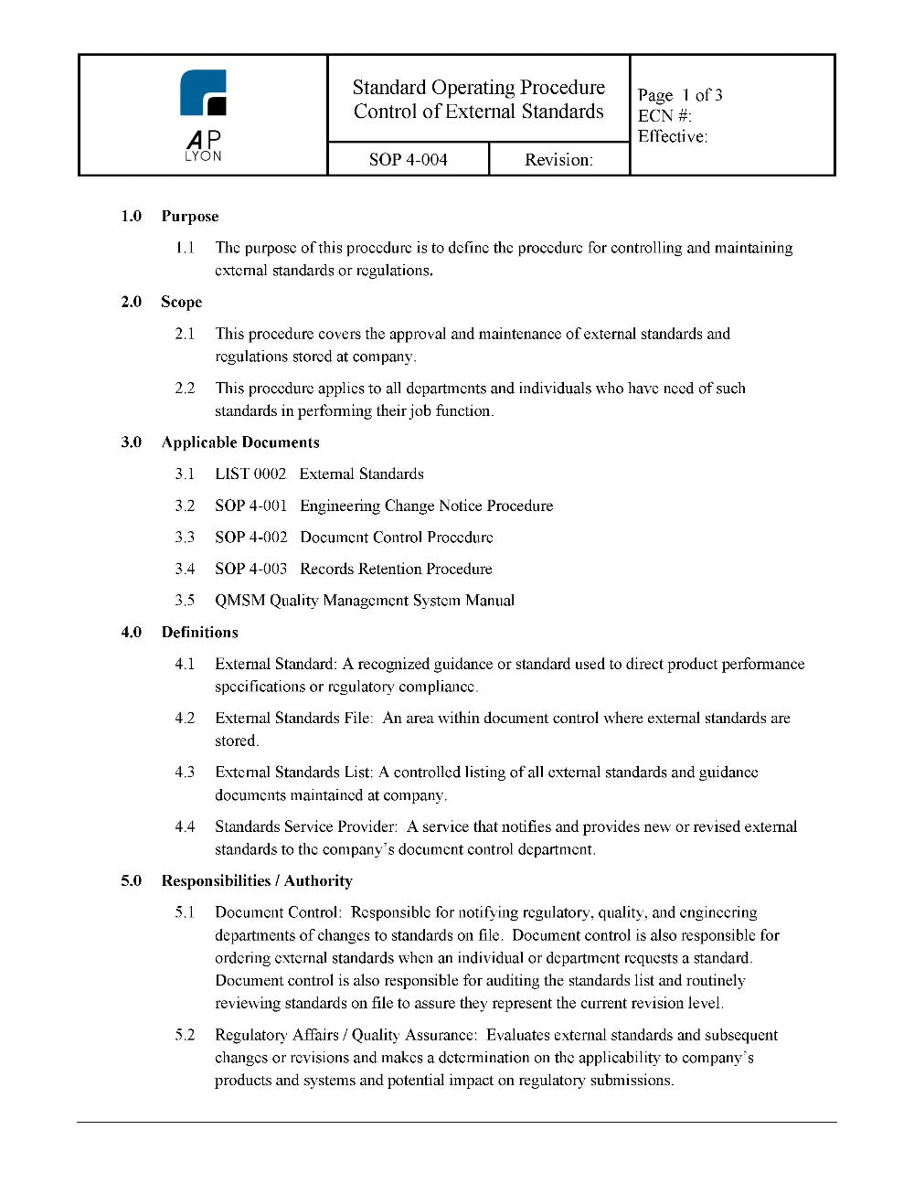 Control of External Standards Procedure - A. P. LYON