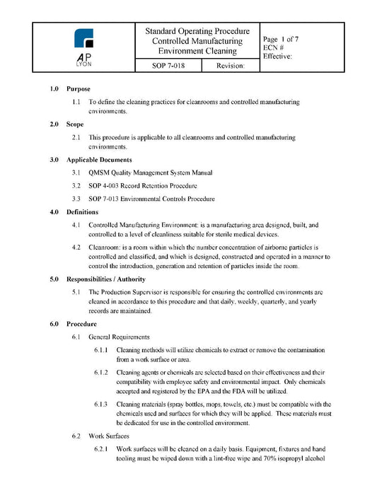 Controlled Manufacturing Environment Cleaning - A. P. LYON