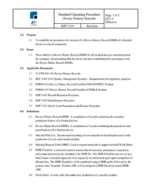 Device History Record Procedure - A. P. LYON