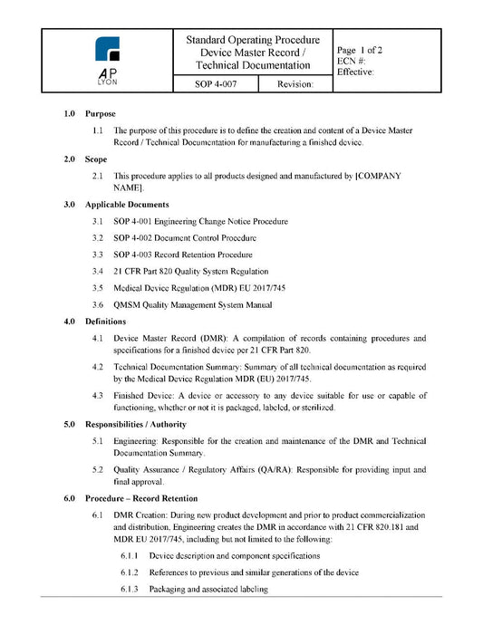 Device Master Record Procedure - A. P. LYON