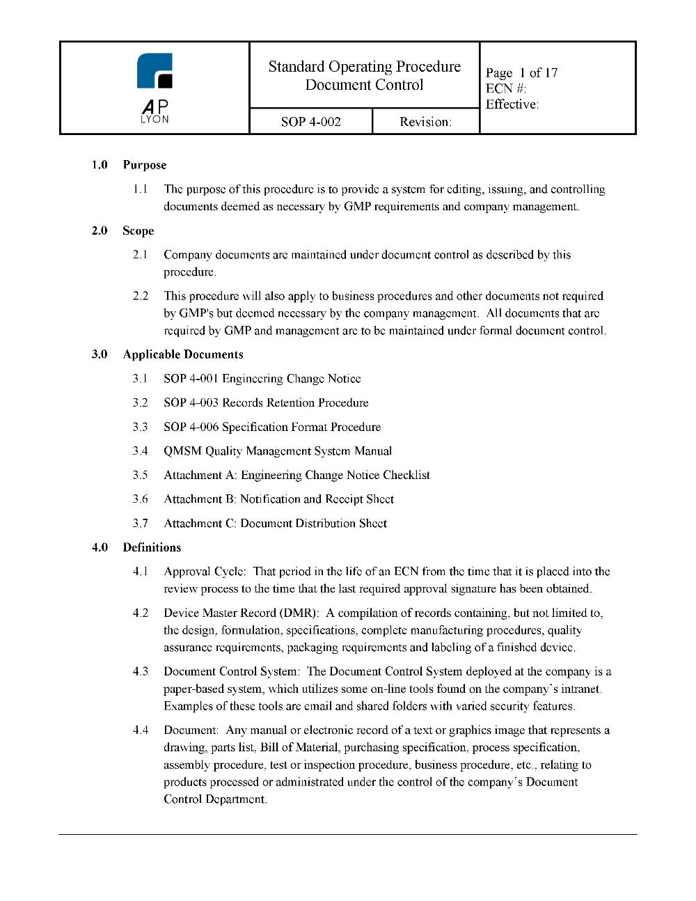 Document Control Procedure - A. P. LYON