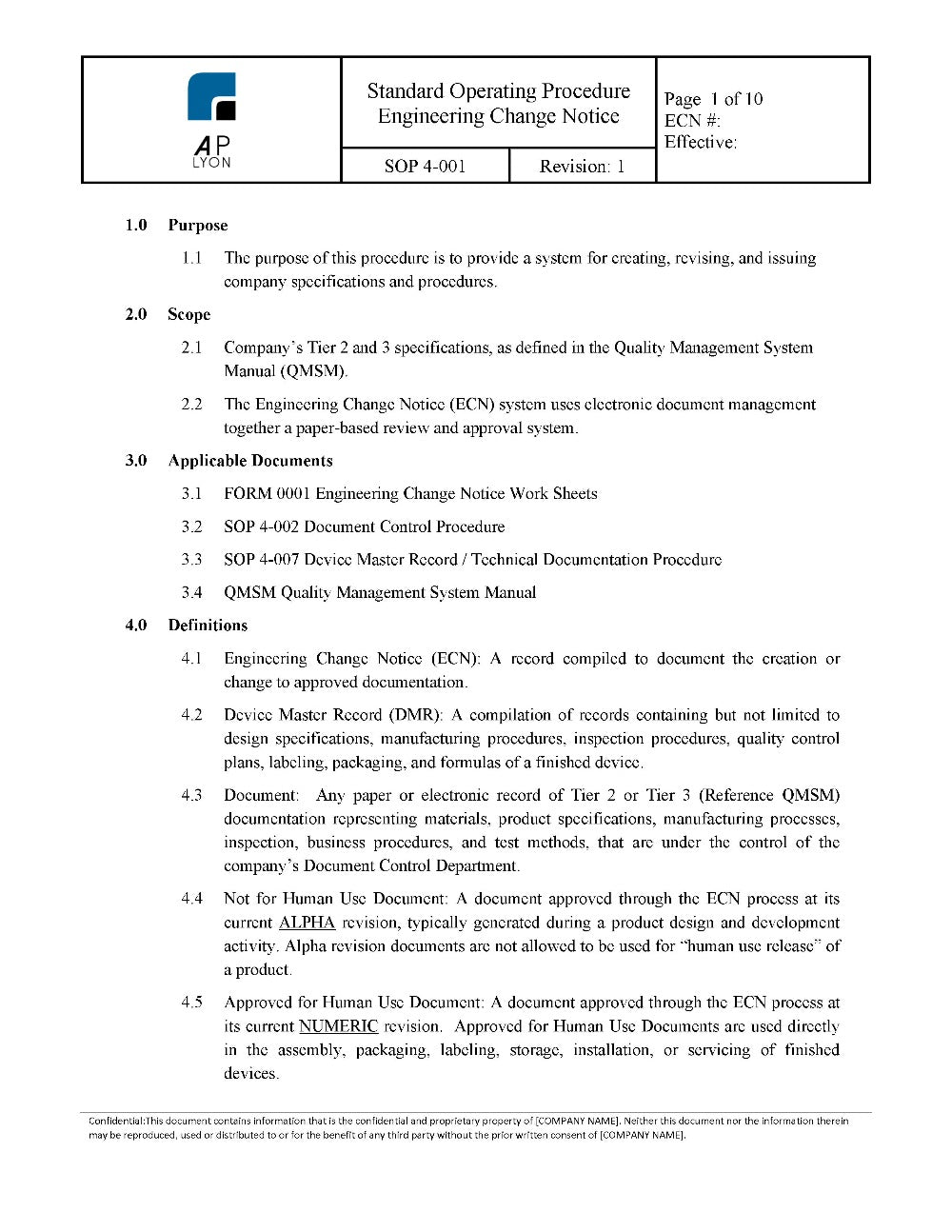 Engineering Change Notice Procedure - A. P. LYON