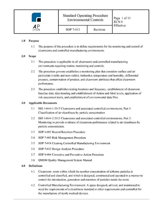 Environmental Controls Procedure - A. P. LYON