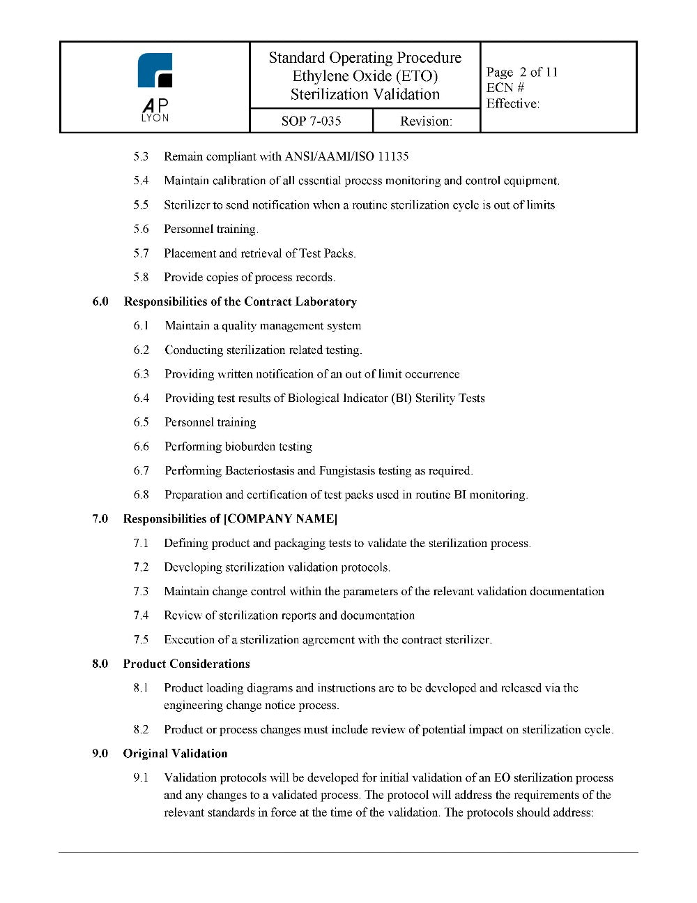 Ethylene Oxide Sterilization Validation Procedure - A. P. LYON