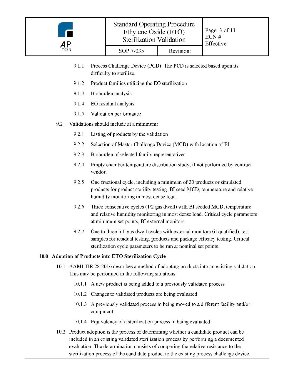 Ethylene Oxide Sterilization Validation Procedure - A. P. LYON