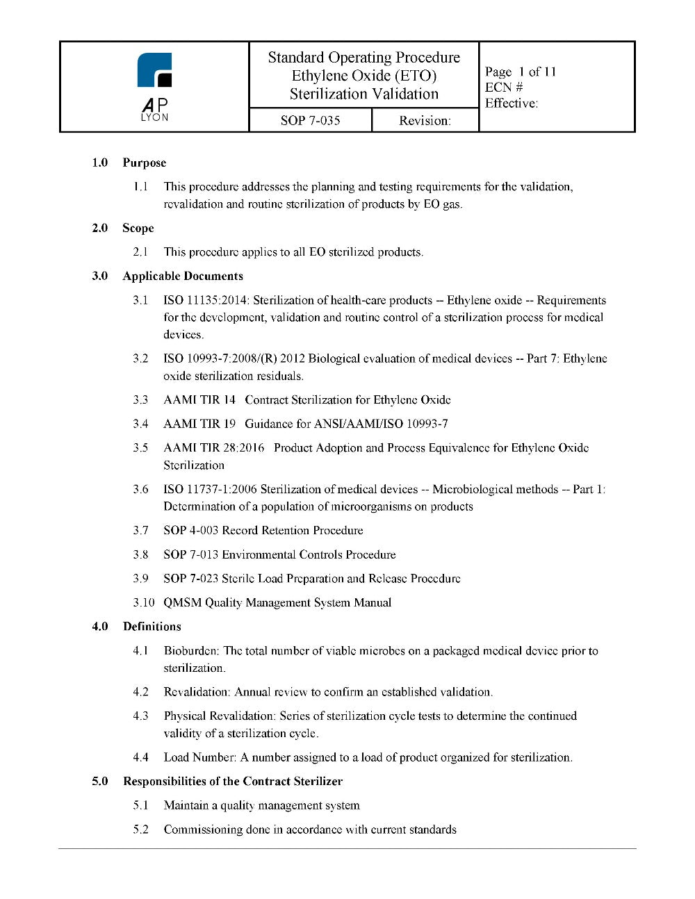 Ethylene Oxide Sterilization Validation Procedure - A. P. LYON