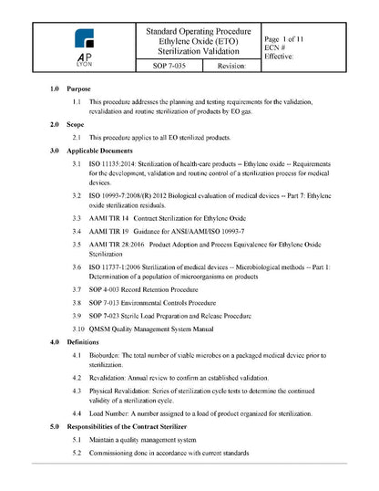 Ethylene Oxide Sterilization Validation Procedure - A. P. LYON