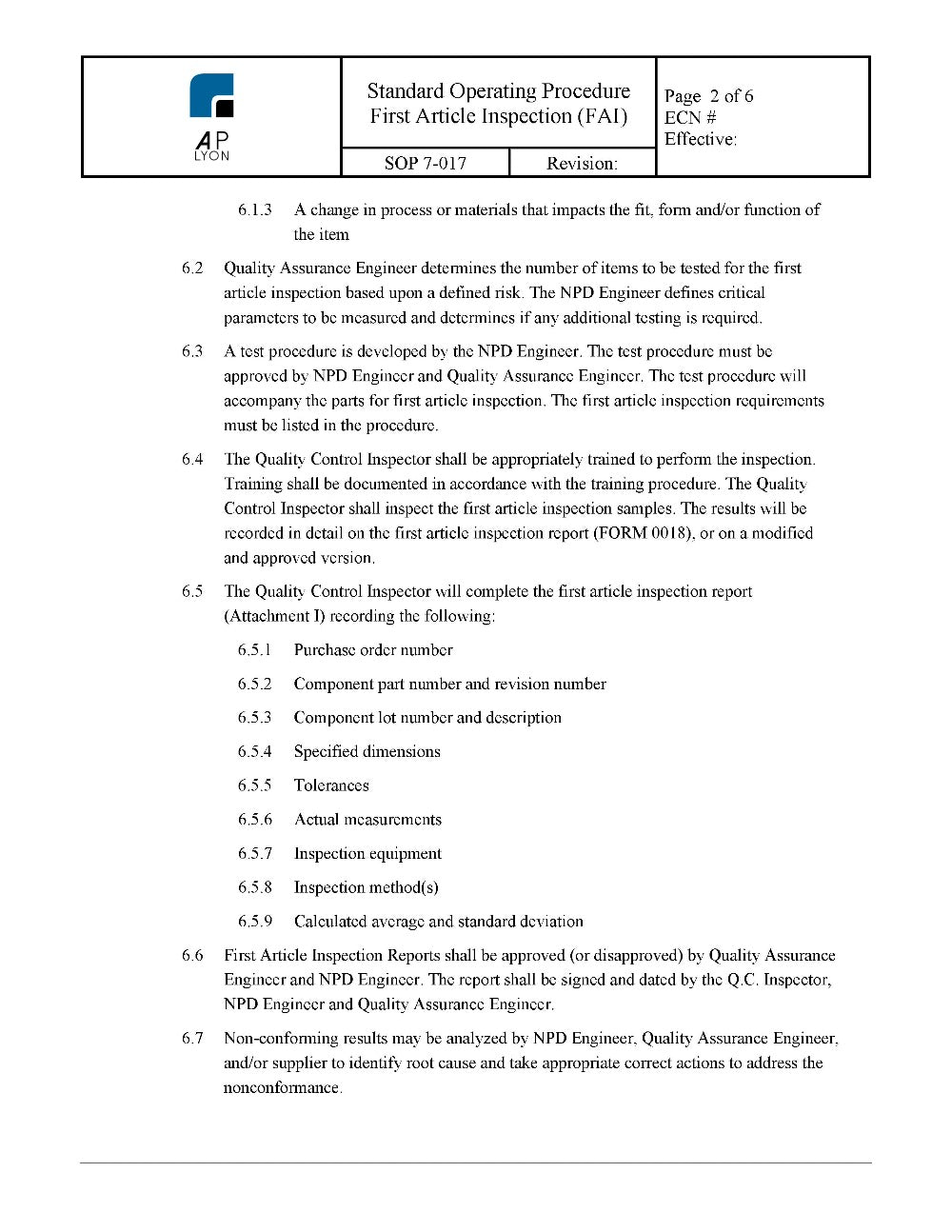 First Article Inspection Procedure - A. P. LYON