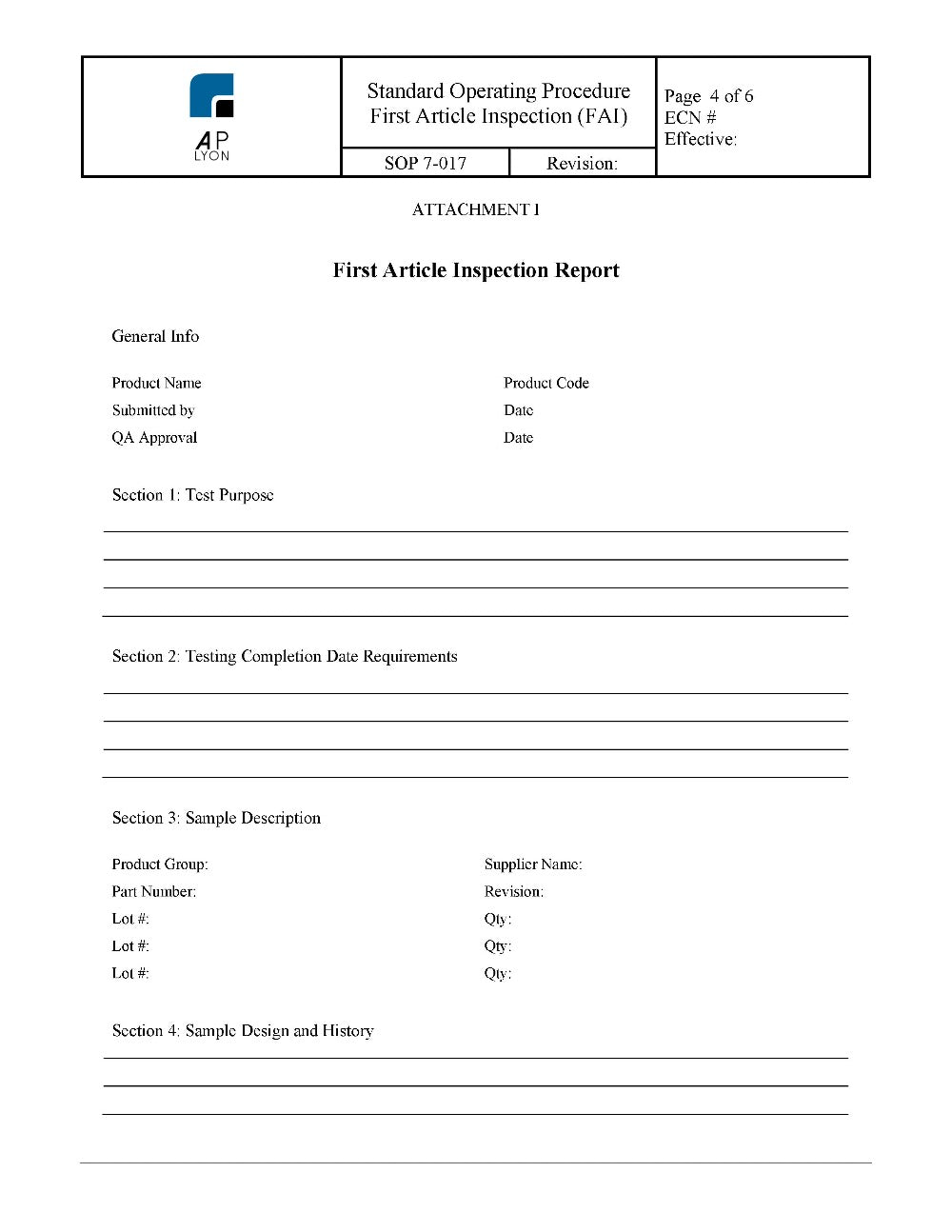 First Article Inspection Procedure - A. P. LYON