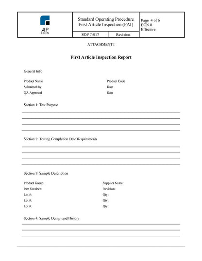 First Article Inspection Procedure - A. P. LYON