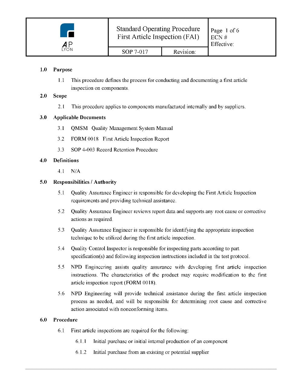 First Article Inspection Procedure - A. P. LYON