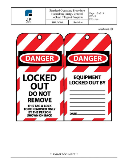 Hazardous Energy Control Lockout Tagout Procedure - A. P. LYON