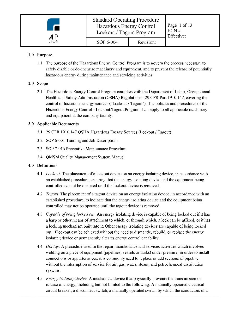 Hazardous Energy Control Lockout Tagout Procedure - A. P. LYON