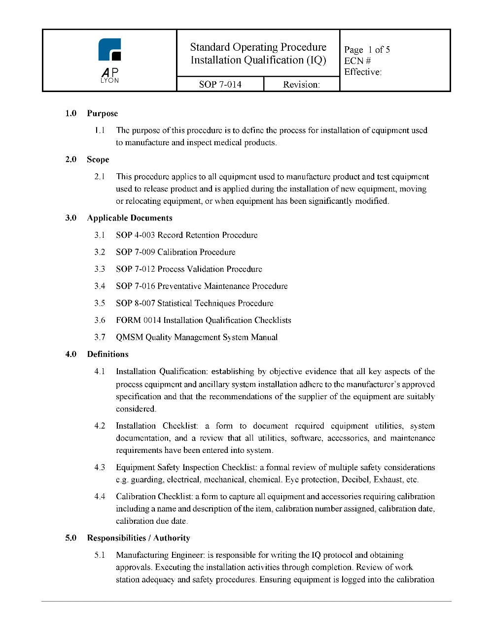 Installation Qualification Procedure - A. P. LYON