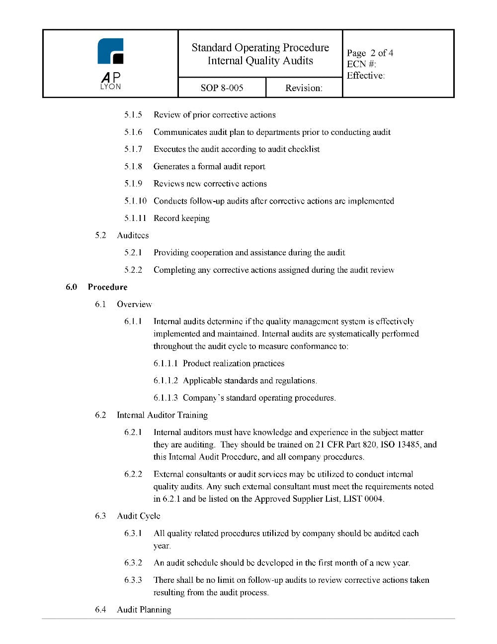 Internal Quality Audit Procedure - A. P. LYON