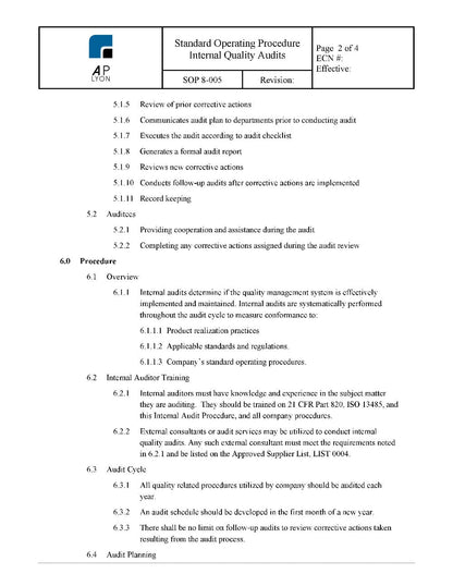 Internal Quality Audit Procedure - A. P. LYON