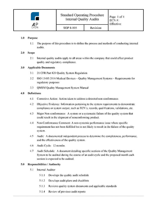 Internal Quality Audit Procedure - A. P. LYON