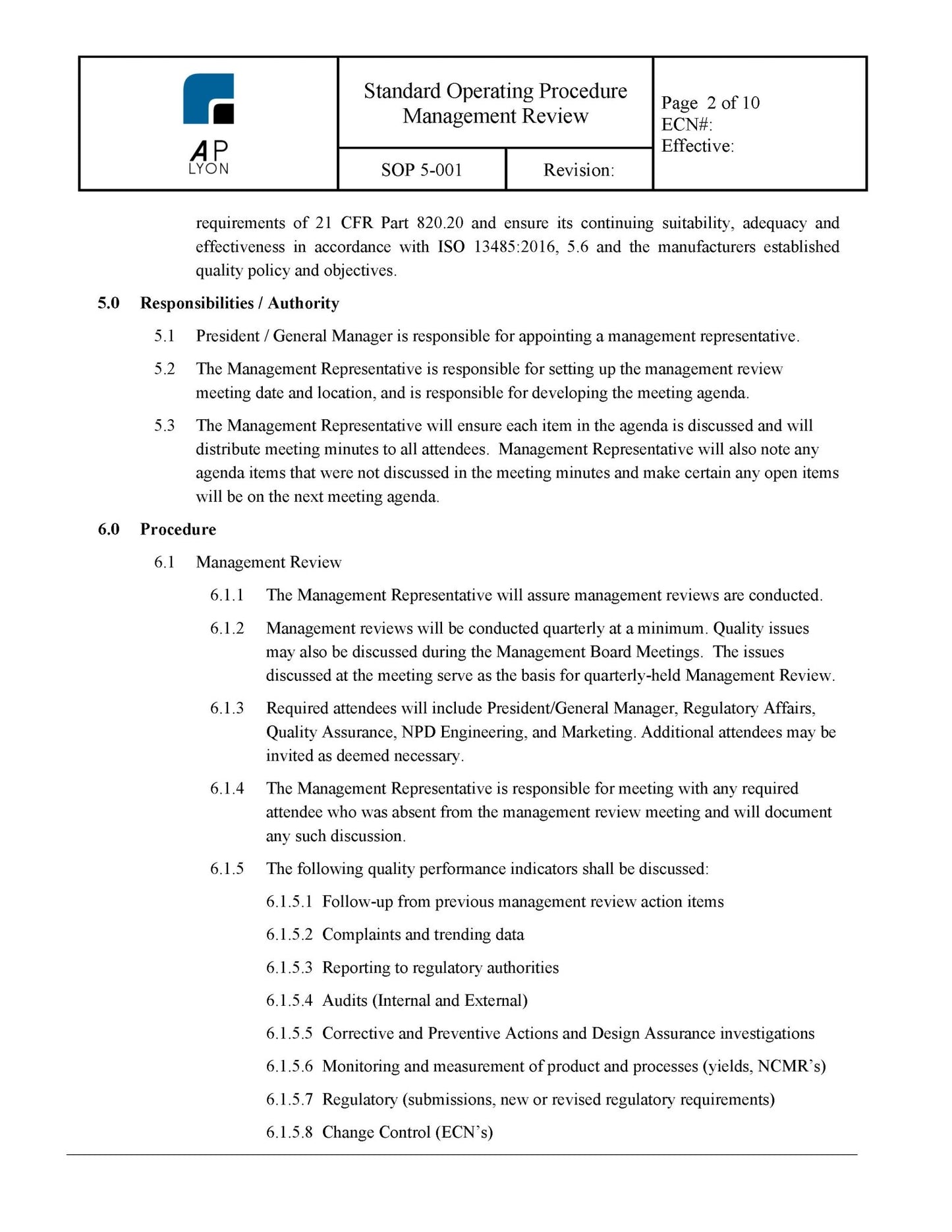 Management Review Procedure - A. P. LYON