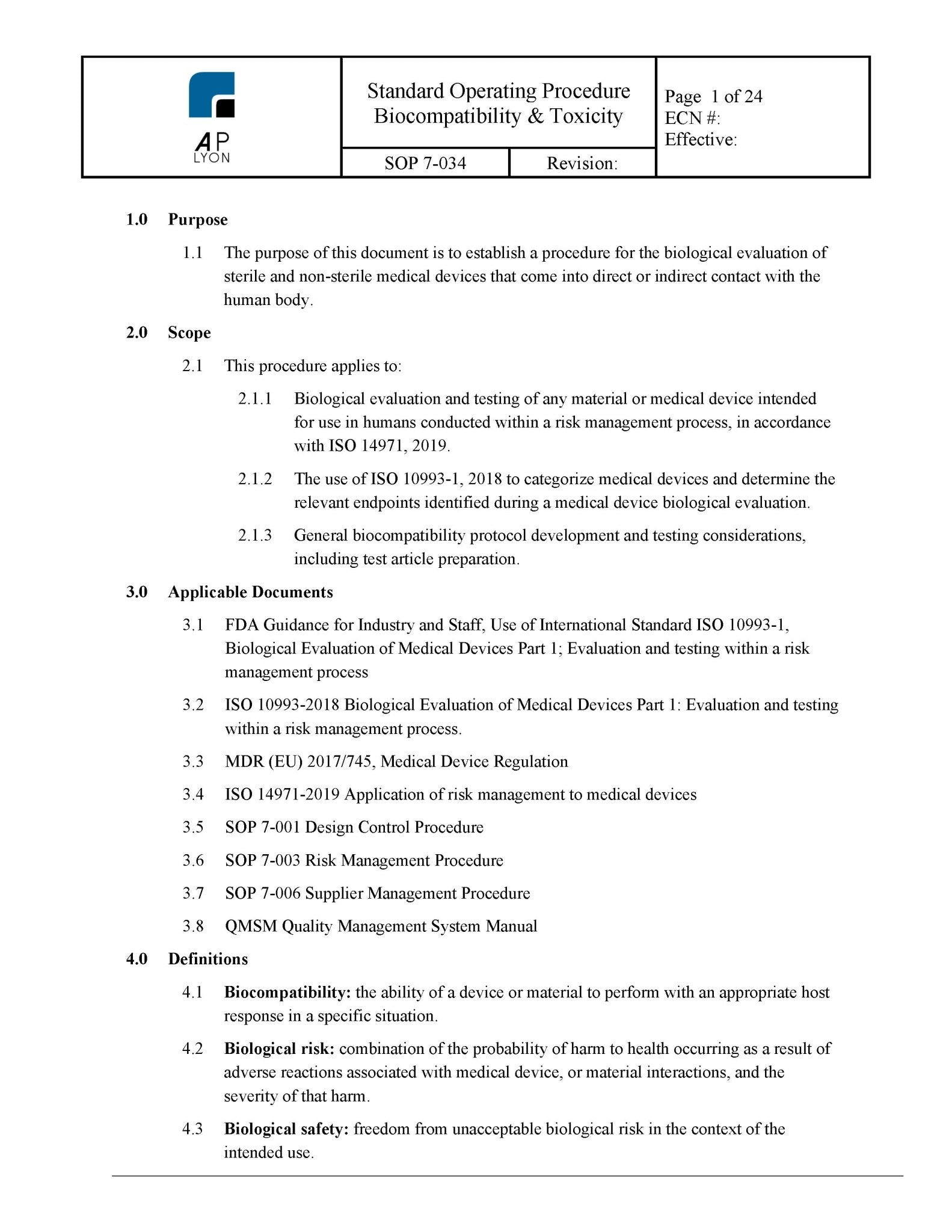 Medical Device Biocompatibility and Toxicity Procedure - A. P. LYON