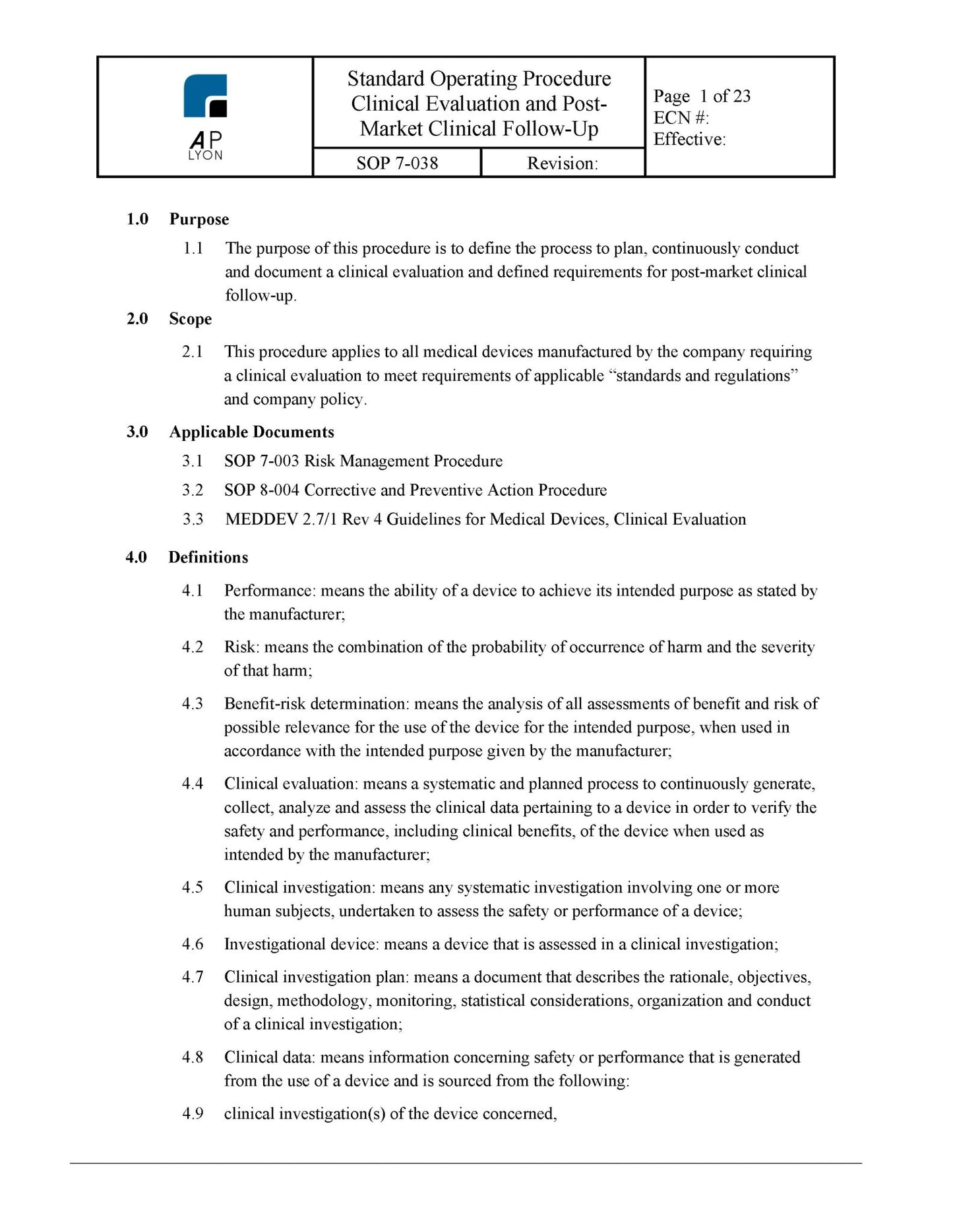 Medical Device Clinical Evaluation Procedure Bundle - A. P. LYON