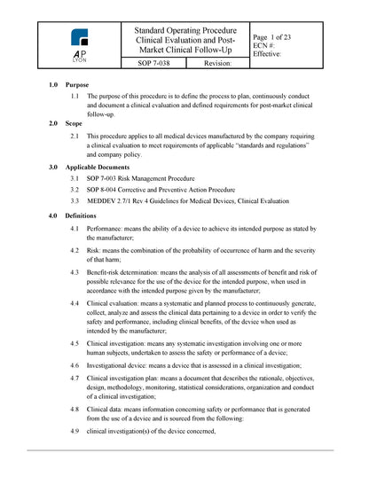 Medical Device Clinical Evaluation Procedure Bundle - A. P. LYON