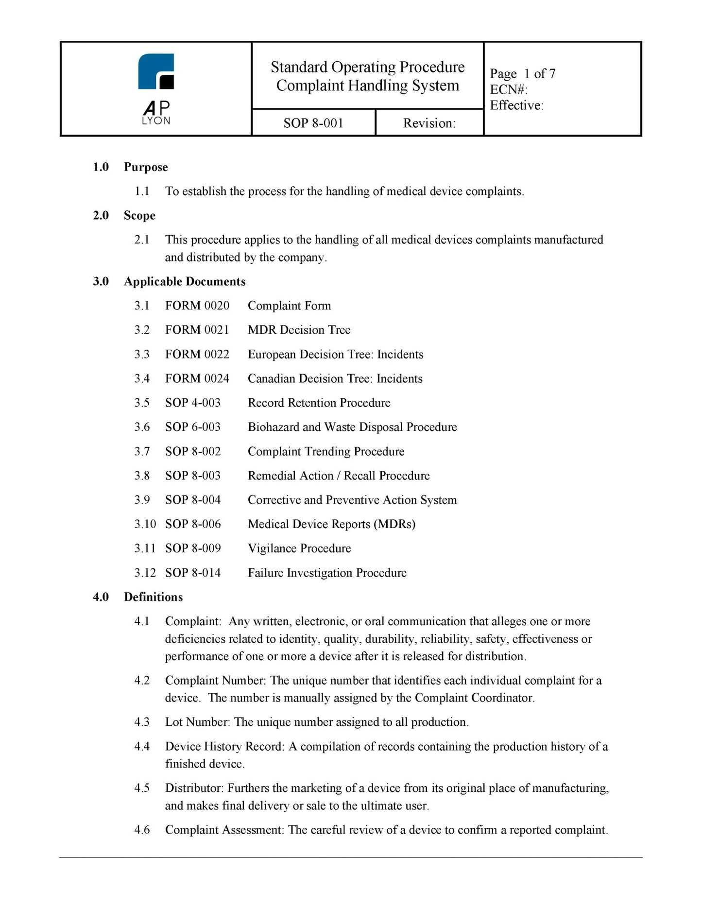 Medical Device Complaint Handling Procedure Bundle - A. P. LYON