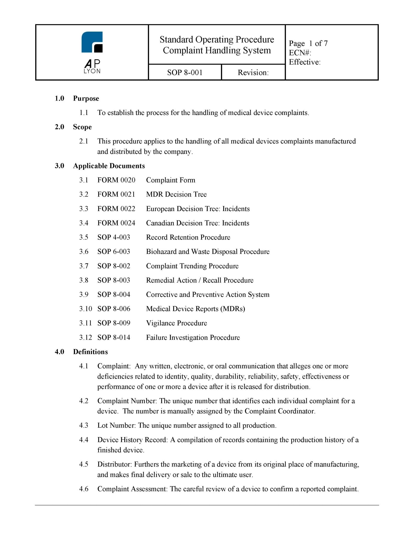 Medical Device Complaint Handling Procedure Bundle - A. P. LYON