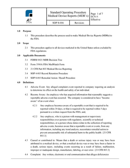 Medical Device Complaint Handling Procedure Bundle - A. P. LYON