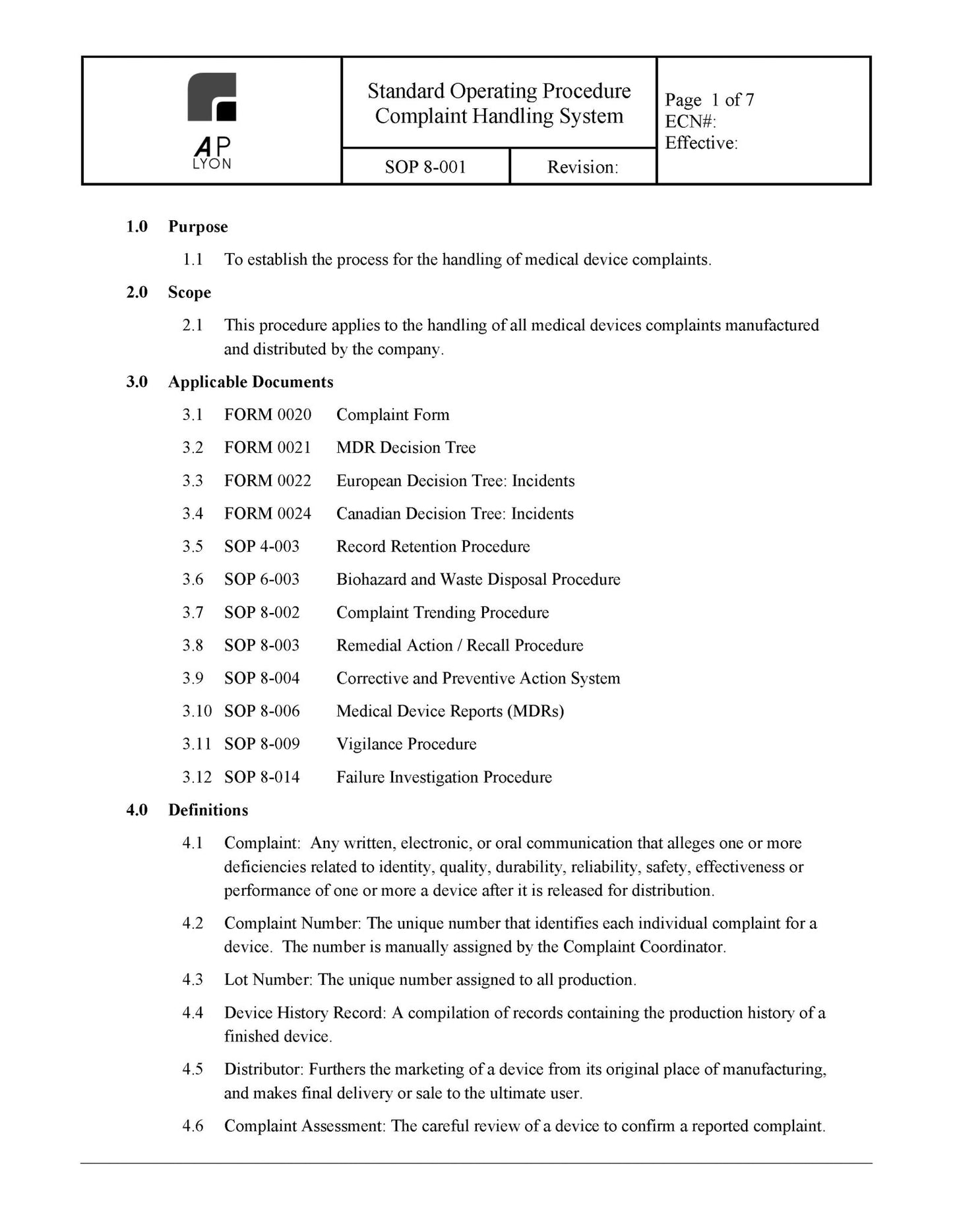 Medical Device Complaint Handling System - A. P. LYON