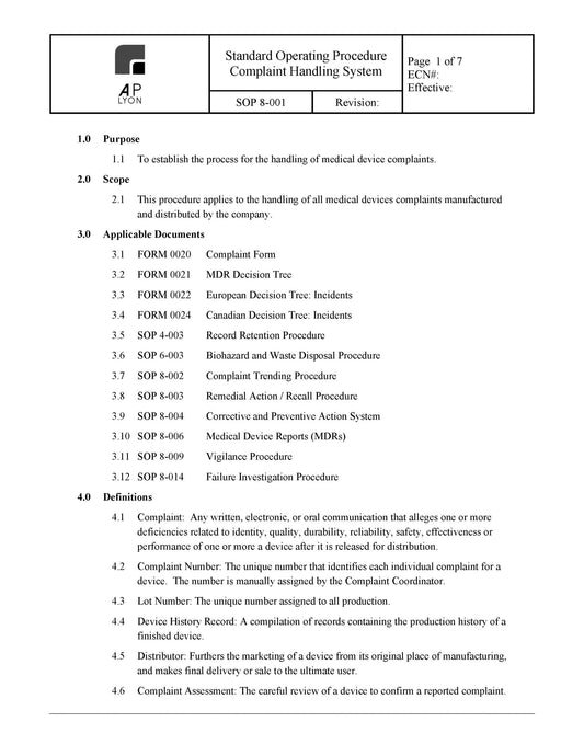 Medical Device Complaint Handling System - A. P. LYON