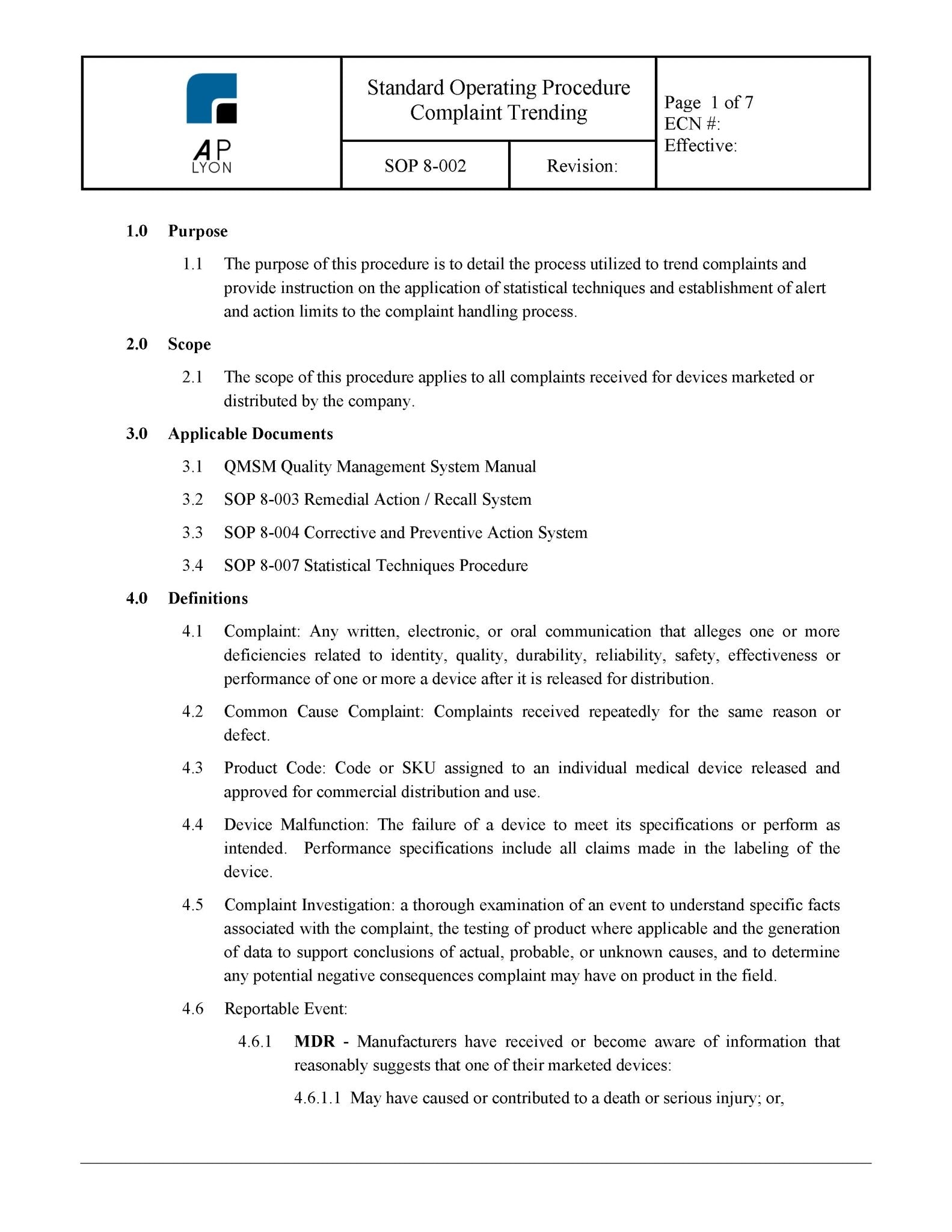 Medical Device Complaint Trending Procedure - A. P. LYON