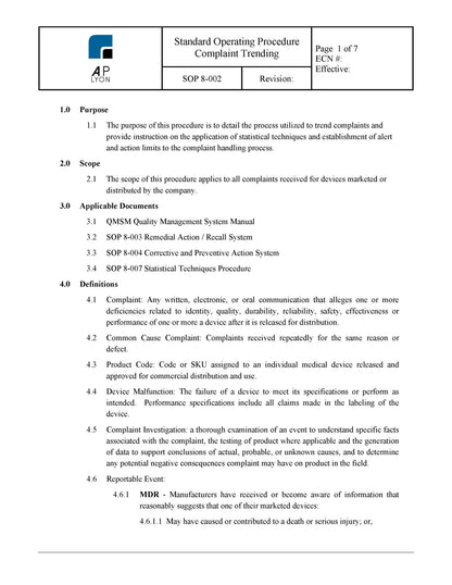 Medical Device Complaint Trending Procedure - A. P. LYON