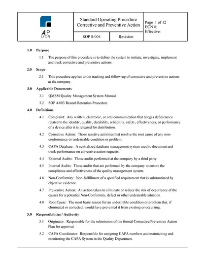 Medical Device Corrective and Preventive Action Procedure - A. P. LYON