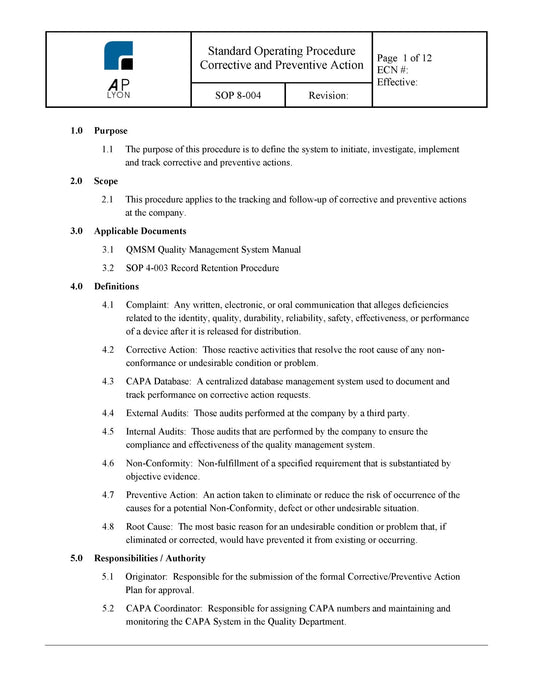 Medical Device Corrective and Preventive Action Procedure - A. P. LYON