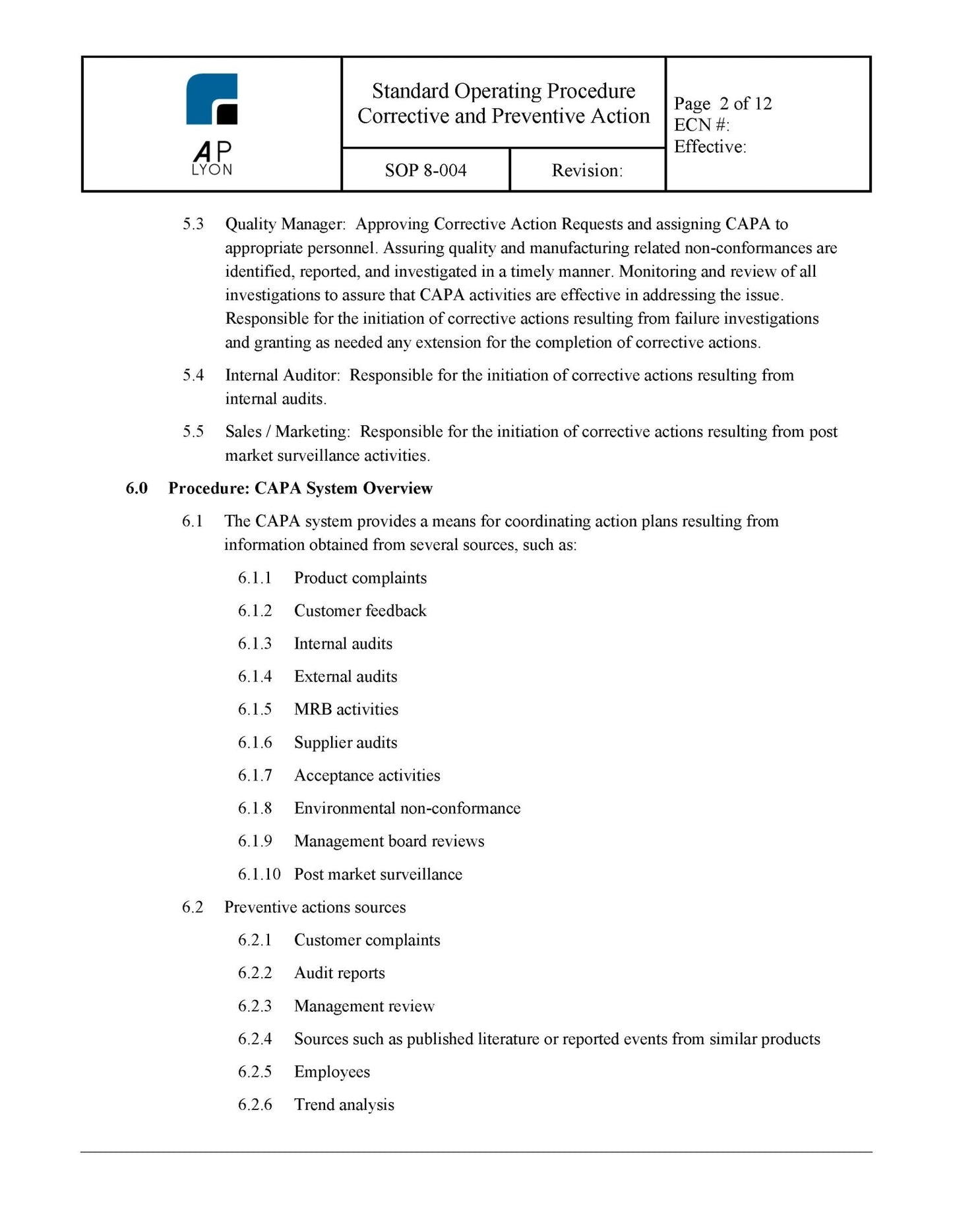 Medical Device Corrective and Preventive Action Procedure - A. P. LYON