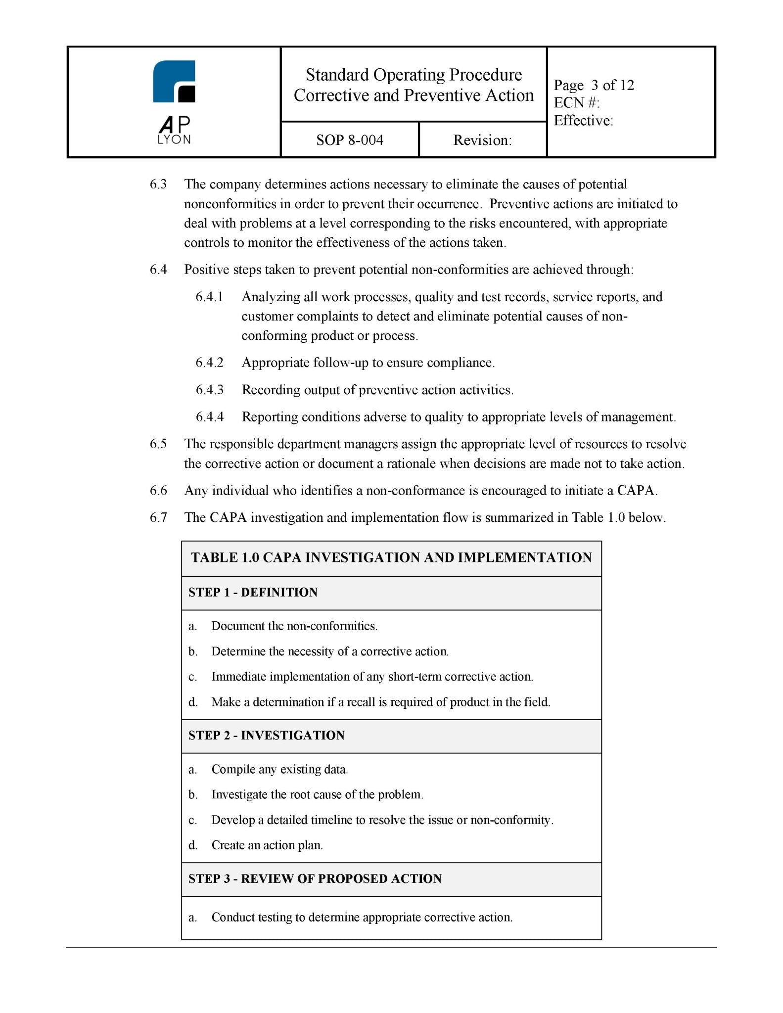 Medical Device Corrective and Preventive Action Procedure - A. P. LYON