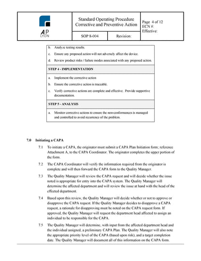 Medical Device Corrective and Preventive Action Procedure - A. P. LYON