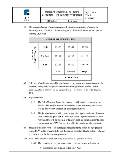 Medical Device Customer Requirements Validation Procedure - A. P. LYON